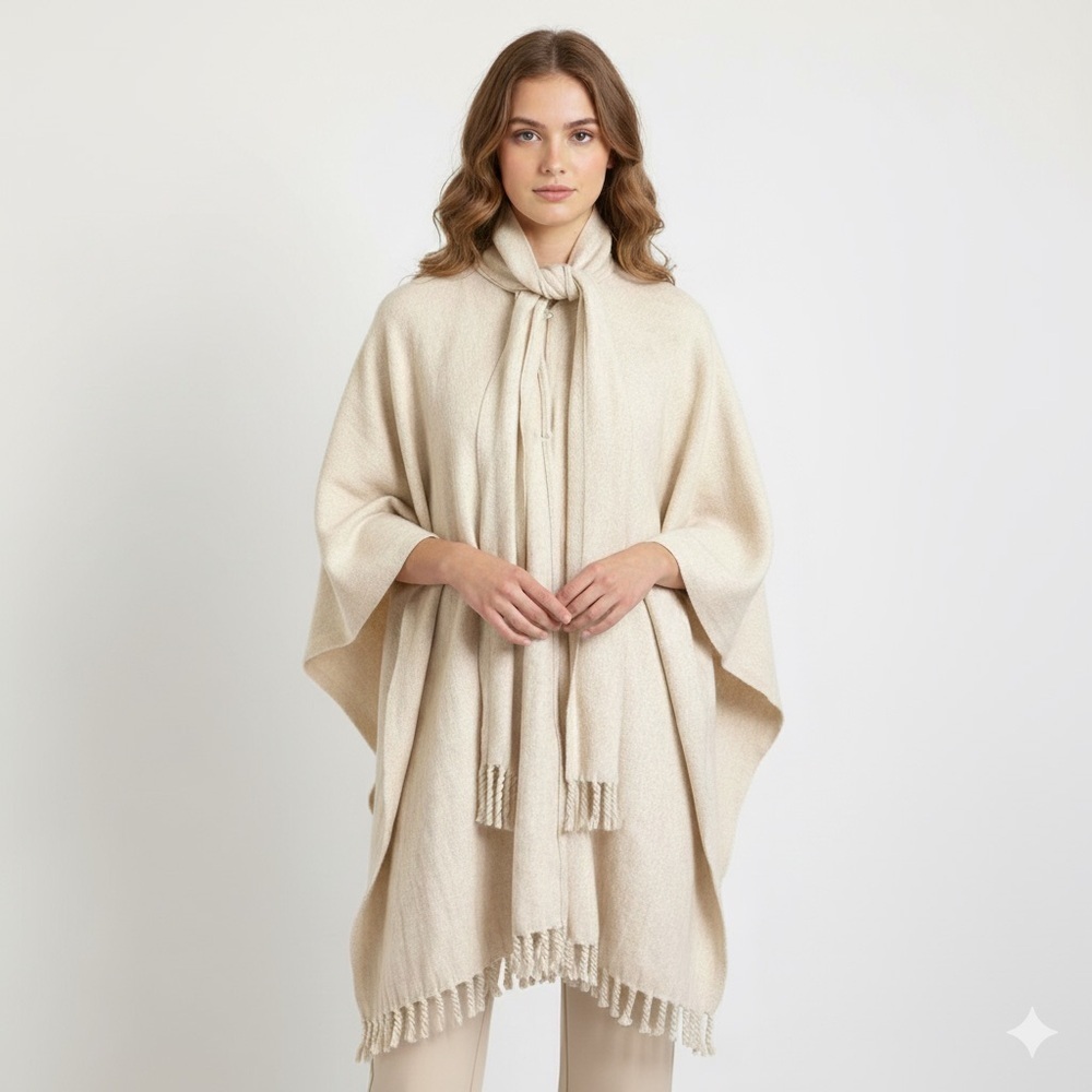 Mexican Ivory Wool Fringed Cape w/ Scarf Coat - O/S, Reversible